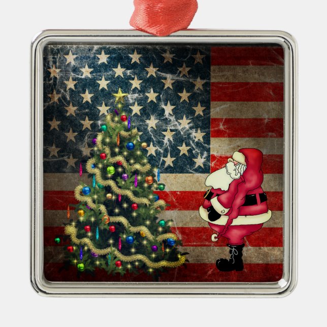 Patriotic American Flag, Santa and Christmas Tree Metal Ornament (Front)