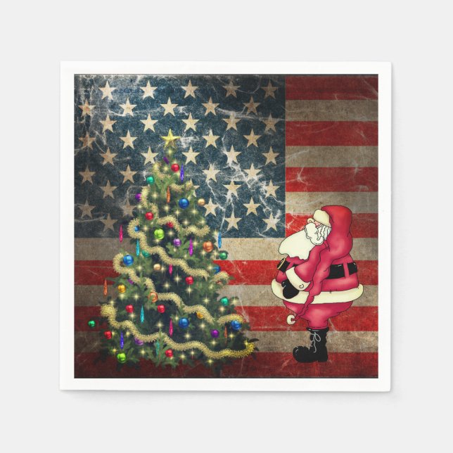 Patriotic American Flag, Santa and Christmas Tree Napkins (Front)