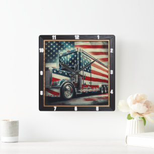Patriotic American Flag Semi Truck Square Wall Clock