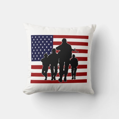 Patriotic American Flag Soldiers Silhouette Throw Pillow