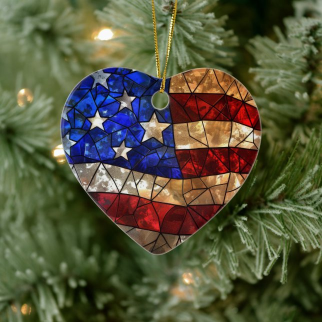 Patriotic American Flag Stained Ceramic Ornament (Tree)
