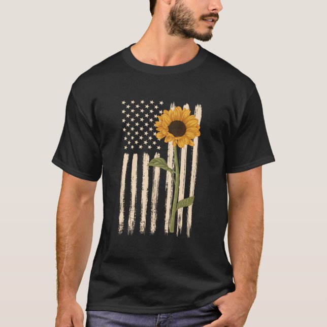 Patriotic American Flag Sunflower Casual Graphic F T-Shirt (Front)