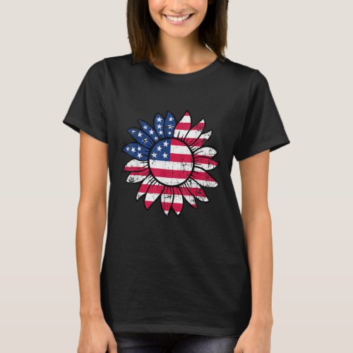Patriotic American Flag Sunflower Love 4th Of July T_Shirt