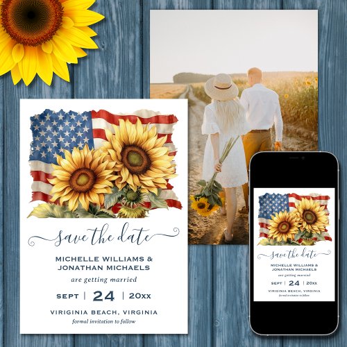 Patriotic American Flag Sunflower PHOTO Wedding Save The Date
