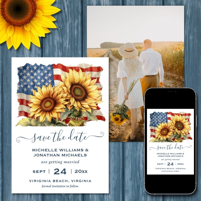 Patriotic American Flag Sunflower PHOTO Wedding Save The Date (Printed (Front and Back) and Digital - Patriotic American Flag Sunflower PHOTO Wedding Save The Date)