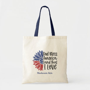 Patriotic American Flag Sunflower Quote Monogram Tote Bag