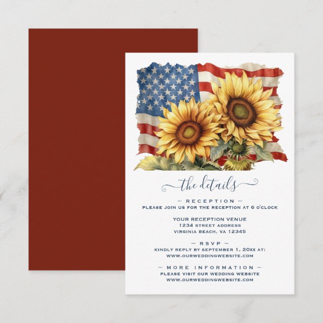 Patriotic American Flag Sunflower Wedding Details Enclosure Card (Front/Back)