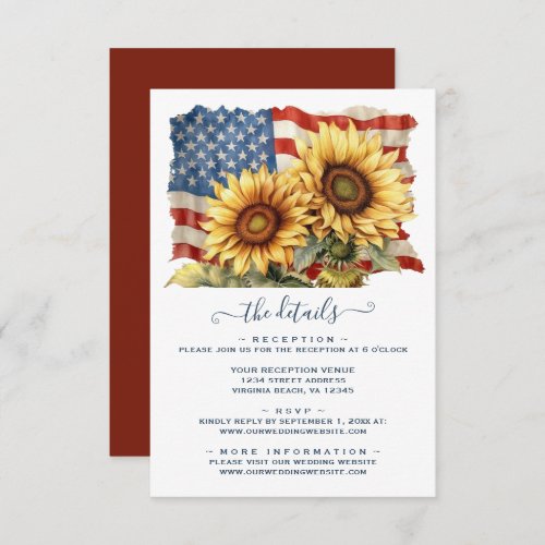 Patriotic American Flag Sunflower Wedding Details Enclosure Card