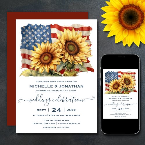 Patriotic American Flag Sunflower Wedding Invitation