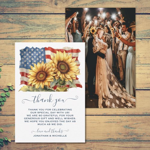Patriotic American Flag Sunflower Wedding PHOTO Thank You Card