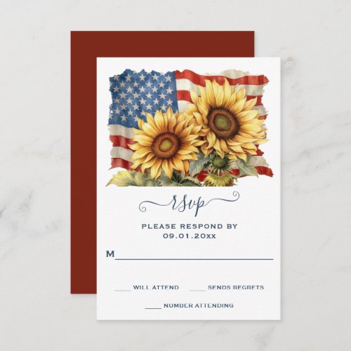 Patriotic American Flag Sunflower Wedding RSVP Card