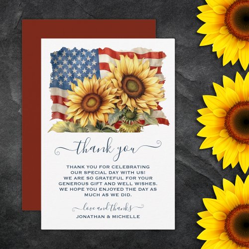 Patriotic American Flag Sunflower Wedding Thank You Card