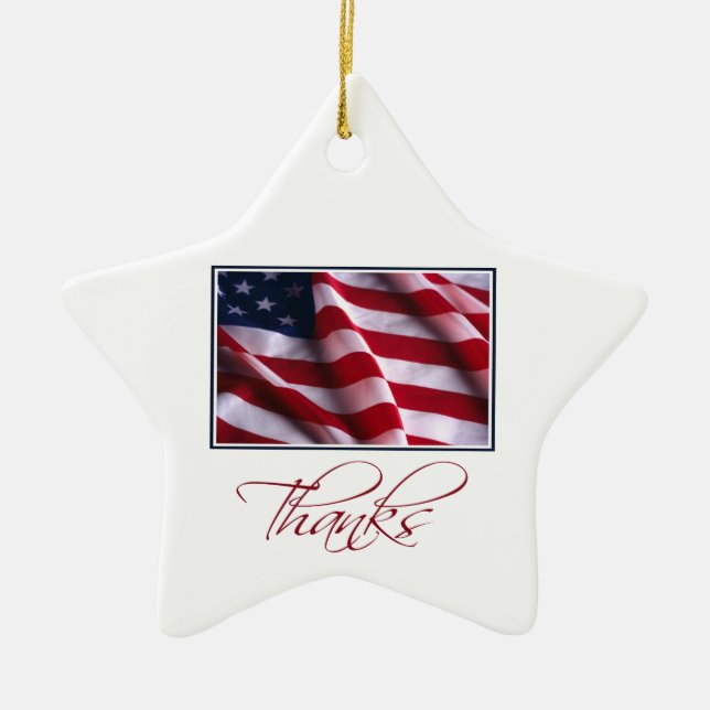 Patriotic American Flag Thanks in Red Ceramic Ornament (Front)