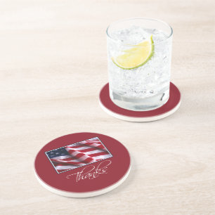 Patriotic American Flag Thanks in Red Drink Coaster