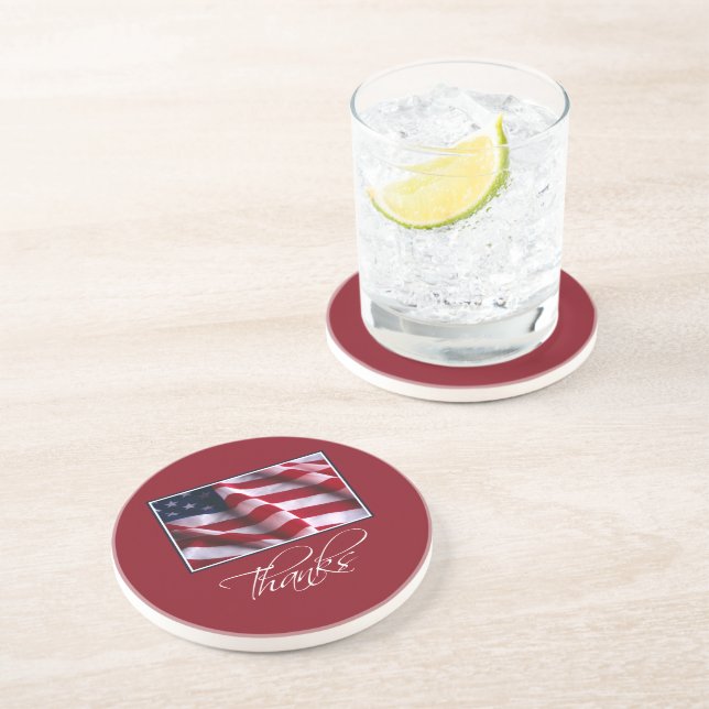 Patriotic American Flag Thanks in Red Drink Coaster (Side)