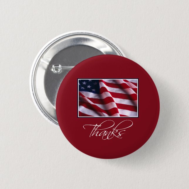 Patriotic American Flag Thanks in Red Pinback Button (Front & Back)