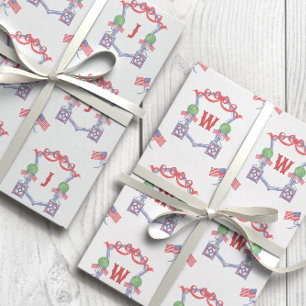 Patriotic American Flag Topiary Monogram Crest Wrapping Paper Sheets