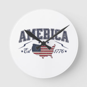 Patriotic American Flag USA Est 1776 4th of July A Round Clock