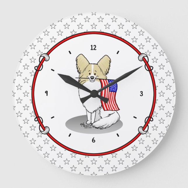 Patriotic American Flag USA Papillon (lemon) Cute Large Clock (Front)