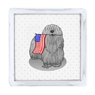 Patriotic American Flag USA Puli Dog (gray) Fun Silver Finish Lapel Pin