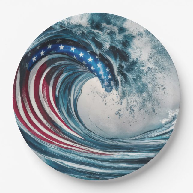 Patriotic American Flag Wave Paper Plates (Front)