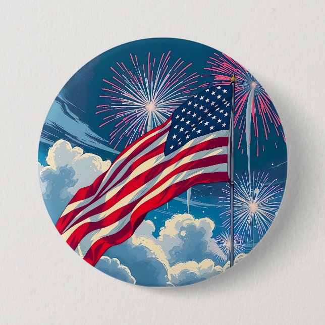 Patriotic American Flag with Fireworks – 4th July Button (Front)
