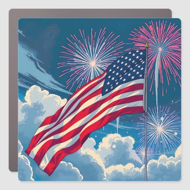 Patriotic American Flag with Fireworks – 4th July Car Magnet (Front)