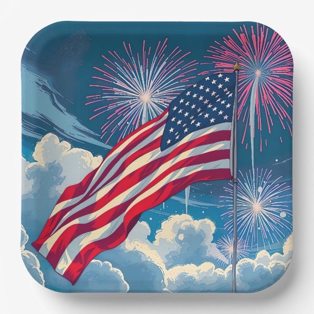 Patriotic American Flag with Fireworks – 4th July Paper Plates (Front)
