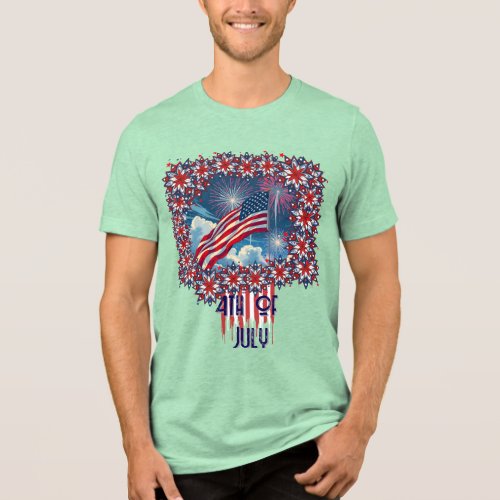 Patriotic American Flag with Fireworks – 4th July Tri-Blend Shirt