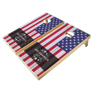 Patriotic American Flag Wood Grain Rustic USA 250 Cornhole Set