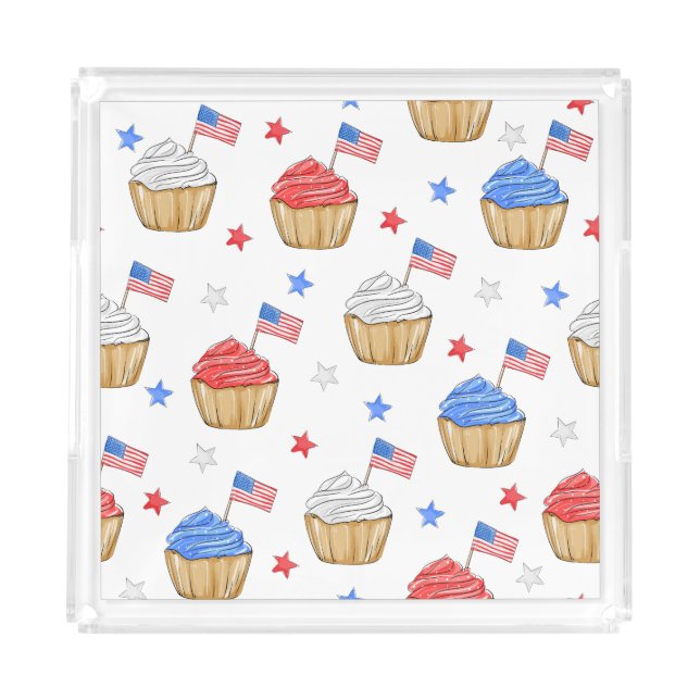 Patriotic American Flags Stars Cupcakes Acrylic Tray (Front)