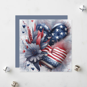 Patriotic American Heart Art Flowers Holiday Card