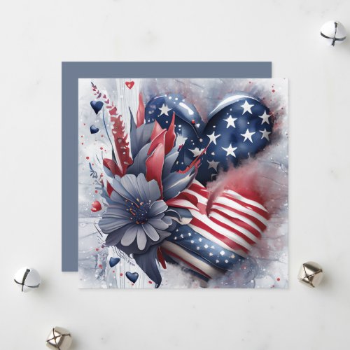 Patriotic American Heart Art Flowers Holiday Card