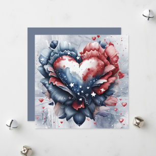 Patriotic American Heart Art Flowers Holiday Card