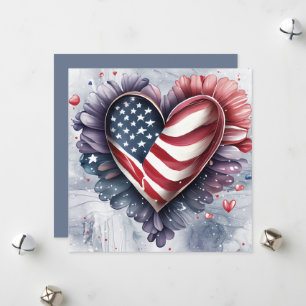 Patriotic American Heart Art Flowers Holiday Card