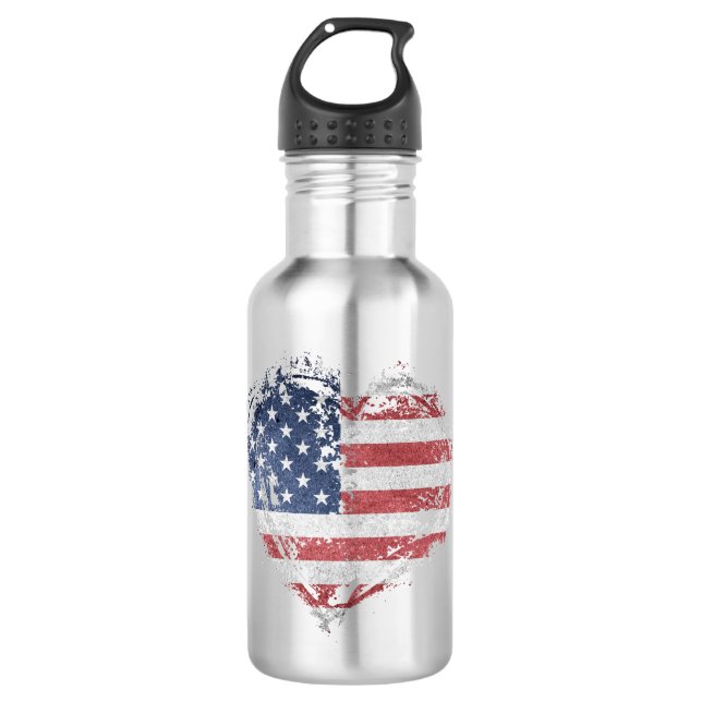 Patriotic American Heart in Grunge Stainless Steel Water Bottle (Front)