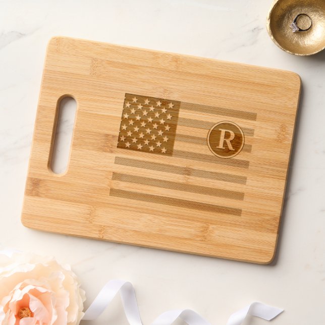Patriotic American  Red White Blue Custom Monogram Engraved Cutting Board (Wedding)