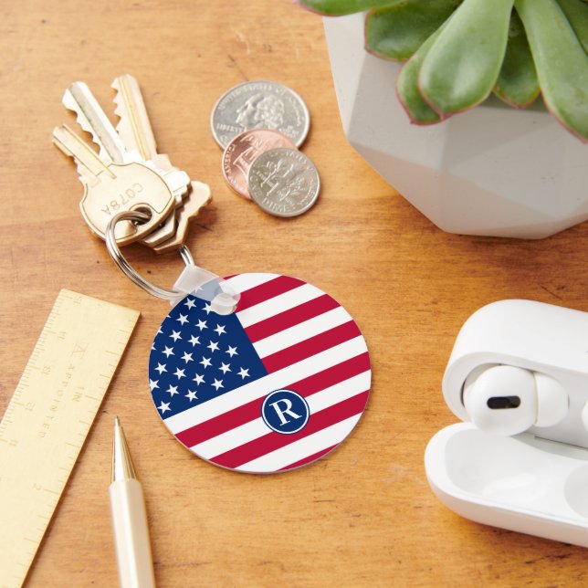 Patriotic American  Red White Blue Custom Monogram Keychain (Desk)