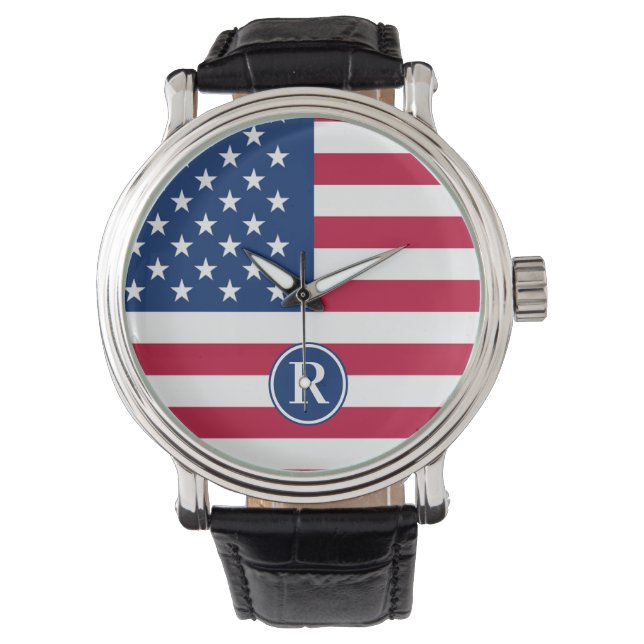 Patriotic American  Red White Blue Custom Monogram Watch (Front)