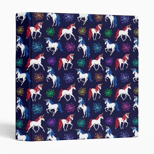 Patriotic American Red White Blue Unicorns 3 Ring Binder