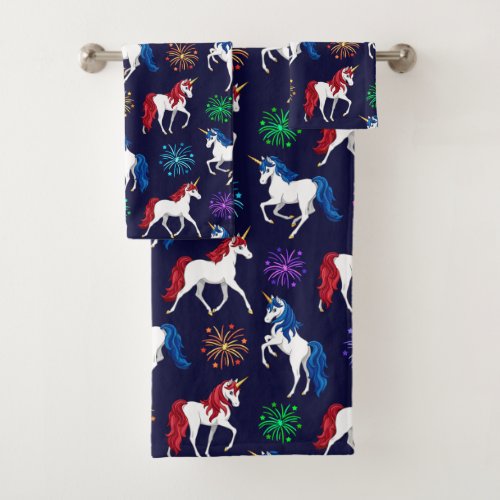 Patriotic American Red White Blue Unicorns Bath Towel Set