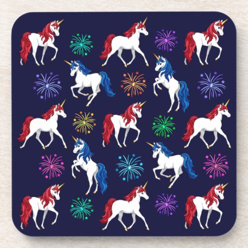 Patriotic American Red White Blue Unicorns Beverage Coaster