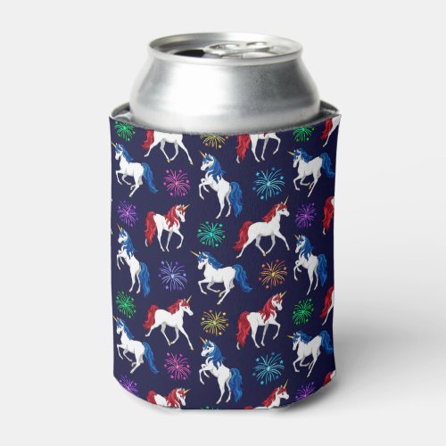 Patriotic American Red White Blue Unicorns Can Cooler