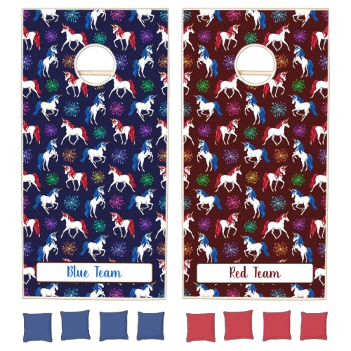 Patriotic American Red White Blue Unicorns Cornhole Set