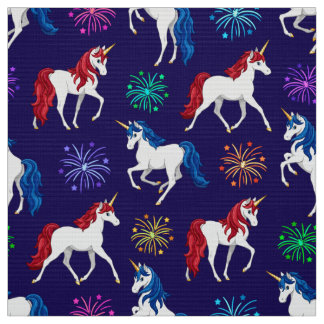 Patriotic American Red White Blue Unicorns Fabric