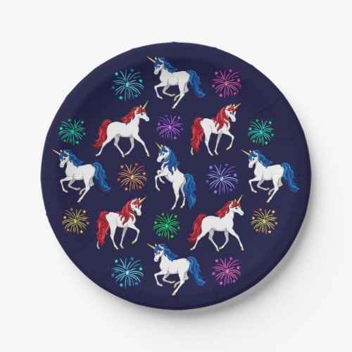 Patriotic American Red White Blue Unicorns Paper Plates