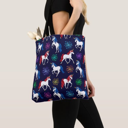 Patriotic American Red White Blue Unicorns Tote Bag