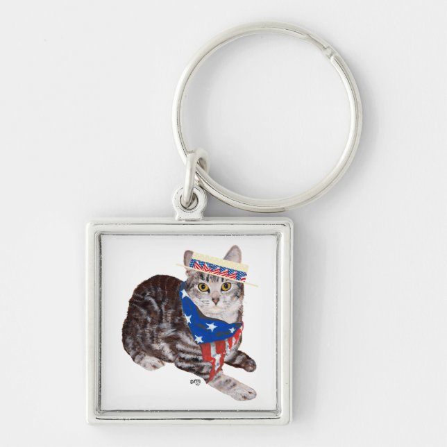 Patriotic American Shorthair Tabby Cat Keychain (Front)