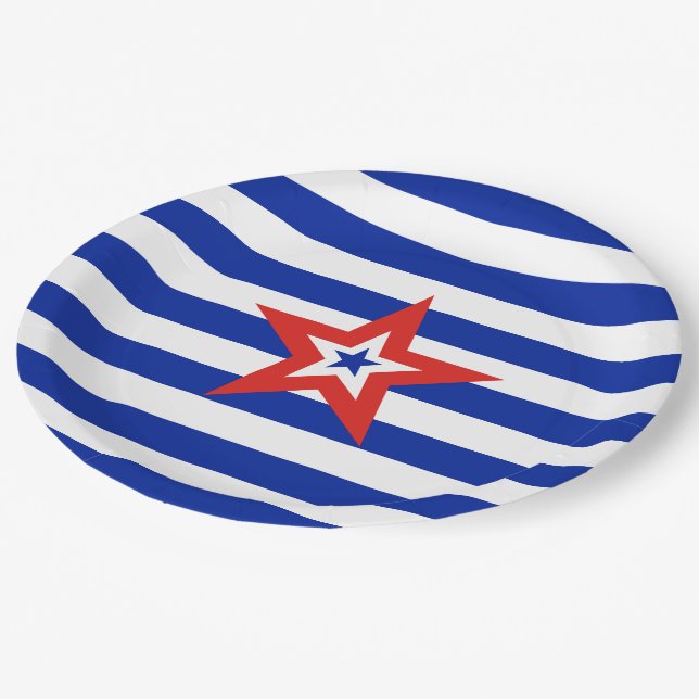 Patriotic American Star on Blue and White Stripes Paper Plates (Angled)