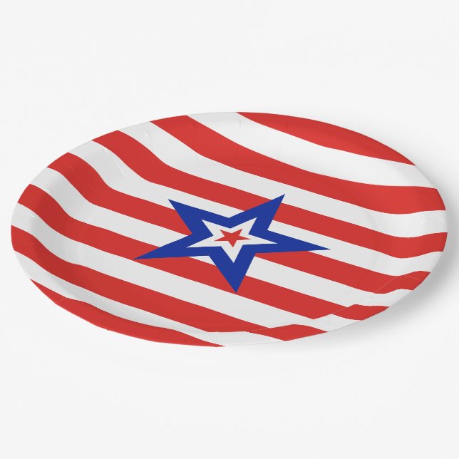 Patriotic American Star on Red and White Stripes Paper Plates (Angled)